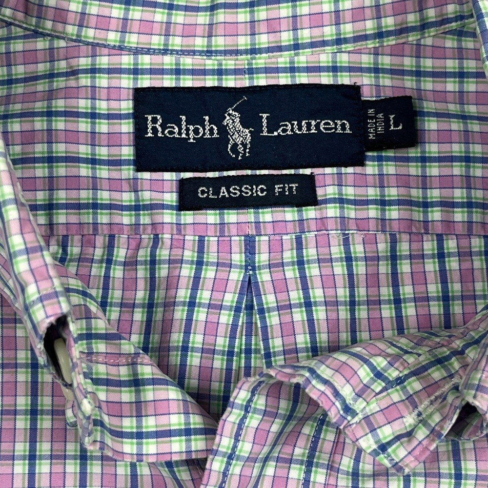 Ralph Lauren EUC Button Down Shirt Men's L Pink Blue Plaid Short Sleeve Cotton - Picture 4 of 9